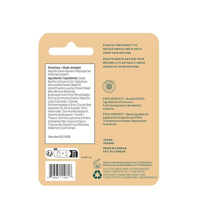 ATTITUDE Plastic-free Lip Balm, EWG Verified Plant- and Mineral-Based Ingredients, Vegan and Cruelty-free Personal Care Products, Coconut, 0.3 Oz-Velvo Beauty