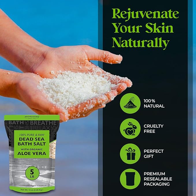 Aromasong 5 lbs Raw Dead Sea Salt with Organic Aloe Vera, not Cleaned, Still Contains All Dead sea Minerals Including Dead sea Mud, Fine Medium Grain Large resealable Bulk Pack (Packaging May Vary)-Velvo Beauty