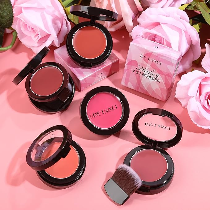 DE'LANCI 2 In 1 Cream Blush for Cheeks & Lips & Eyeshadow in a Waterproof Smooth Moisturizing Creamy Formula, Buildable Lightweight Red Blush Balm with Built-in Brush and Mirror, Easy to Use, Rust-Velvo Beauty