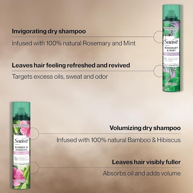 Suave+ Dry Shampoo Spray Variety 2-Pack – Invigorating Rosemary & Mint + Volumizing Bamboo & Hibiscus, 4.3 Oz Ea-Velvo Beauty