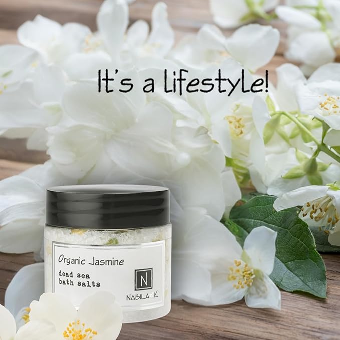 Organic Jasmine Bath Salts by Nabila K - Dead Sea Salt & Epsom Salt Scrub & Soak - Exfoliates & Hydrates Skin, Botanical Essential Oils - Bubble Bath Accessories for All Skins Types, 2 oz-Velvo Beauty
