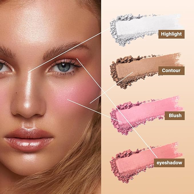 Contour Highlighter Blush Powder Makeup Palette, 4 Colors Matte Face Contour Shading with Professional Makeup Brush-Velvo Beauty