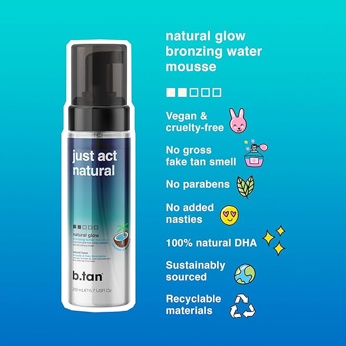 b.tan Clear Self Tanner Bronzing Water Foam | Just Act Natural - Best 1 Hour Express Sunless Tanning Mousse, Dark, Transfer-Free, Enriched With Coconut Water & Vitamin E, Face & Body, 6.7 Fl oz-Velvo Beauty
