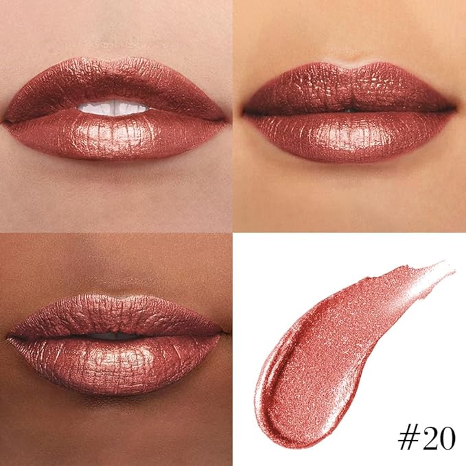 evpct Copper Metallic Glitter Lip Liner and Lipstick Combo Lip Gloss Stain Set Makeup for Women Long Lasting Waterproof 24, Bronze Gold Mocha Metallic Shimmer Frosted Iridescent Glossy Liquid Lipstick-Velvo Beauty