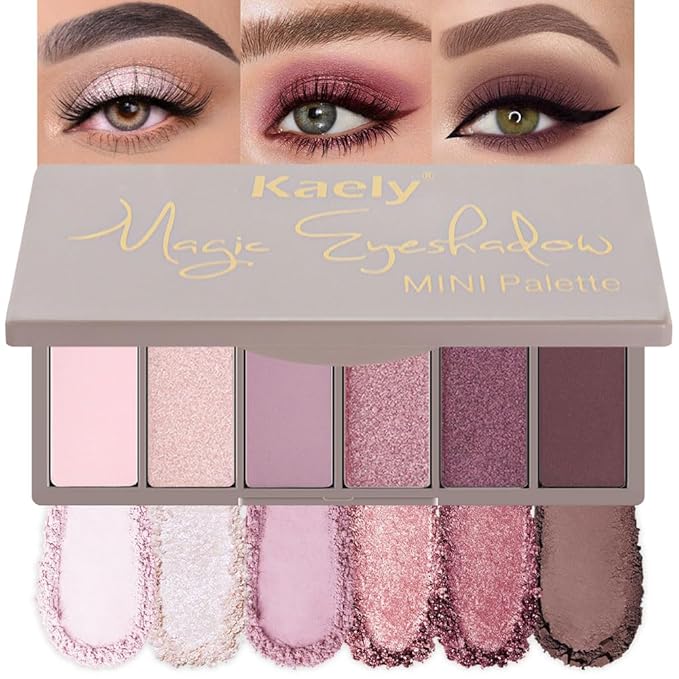 evpct 6 Colors Pink Eyeshadow Palette, Nude Pink Plum Mauve Champagne Rose Orchid Wine Red Glitter Shimmer Matte High Pigment Mini Travel Eye Shadow Palette Makeup for Older Women, Built in Mirror-Velvo Beauty