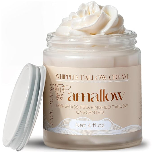 Amallow 100% Grass Fed Beef Tallow for Skin Care - Face + Body - Whipped Moisturizer for Sensitive Skin - Natural Lotion, 4 FL. oz. (Unscented)-Velvo Beauty