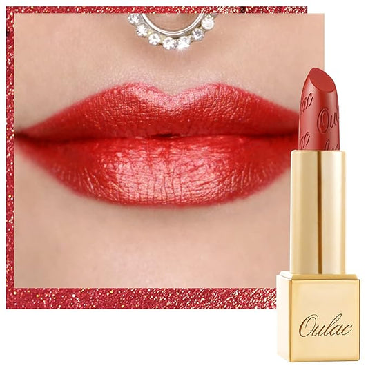 Oulac Orange Red Lipstick for Women with Metallic 3D Shine Lightweight Hydrating Formula, High Impact Lip Color, Vegan Beauty, Full Coverage Lip Makeup, Christmas Gifts for Women, Dangerous(02)-Velvo Beauty