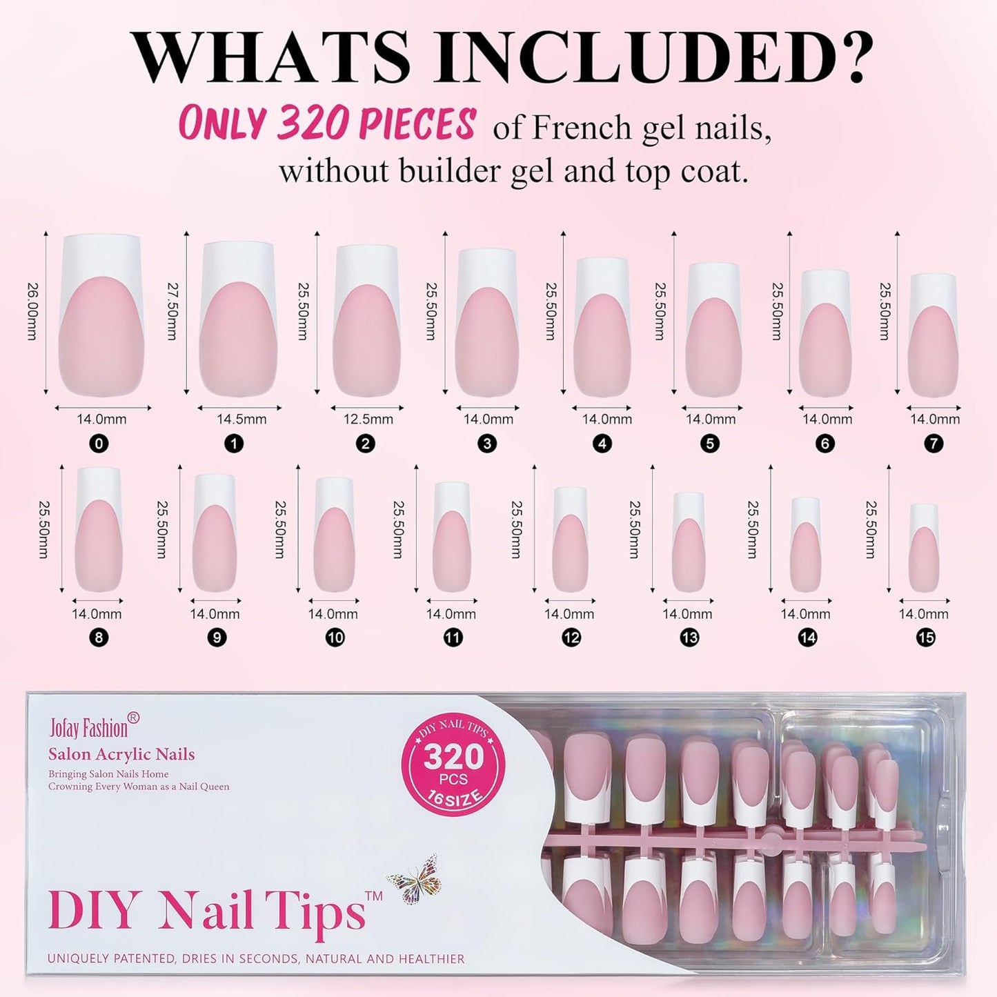 French Gel Nail Tips - Jofay Fashion French Tip Press on Nails, 10-Piece Set 320Pcs Pink long Square Nail Tips, No Need to File 3 in 1 Acrylic Fake Nails for Nail Art DIY & Nail Extension, 16 Sizes-Velvo Beauty