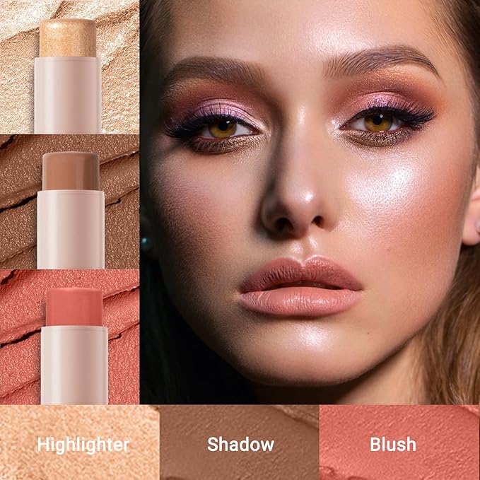 3Pcs Cream Contour Stick, with Highlighter Stick Milk Bronzer Stick Blush Stick, Face Contour Stick Highlighter Makeup with Makeup Brush and Sponge, Easy to Sculpt the Face, Long Lasting-Velvo Beauty