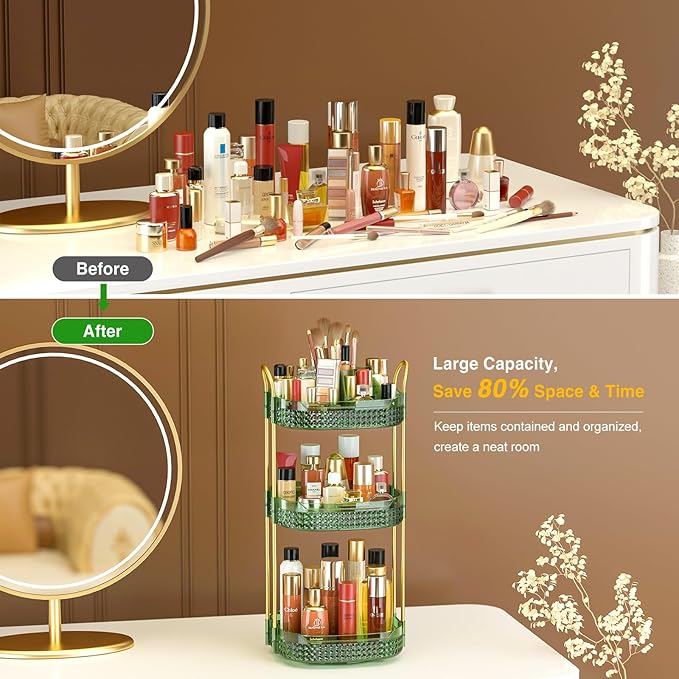 Awenia Rotating Makeup Organizer 360, Stackable Adjustable Large Capacity Cosmetic Storage Unit,Dresser Bathroom Kitchen Countertop Organizer with Metal Handle, Plus Size (Gem Green, 3 Tier)-Velvo Beauty
