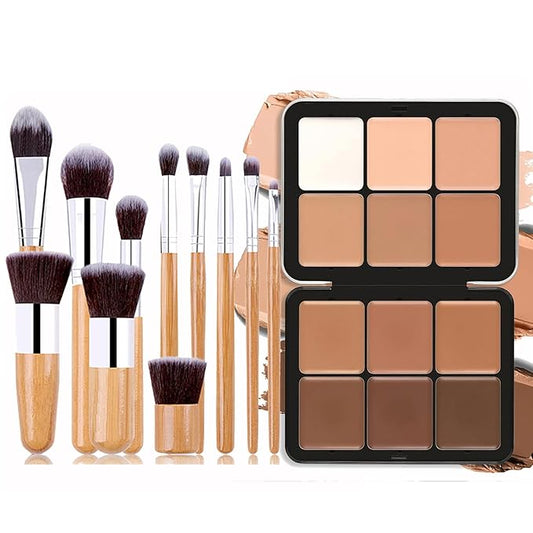 Cream Concealer Contour Palette, 12 Colors Foundation Palette Cream Makeup Palette with 11 Pcs Makeup Brush Set, Long Wearing Blendable Full Coverage-Velvo Beauty
