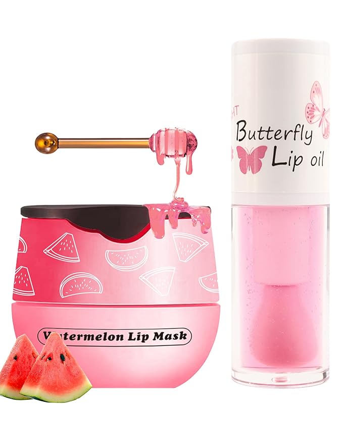 2Pcs Watermelon Lip Balm Honey Pot Lip Mask & Lip Glowy Oil Lip Care Set, Propolis Moisturizing & Nourish Hydrating Lip Gloss Repair, Reduce Lip Line & Plump Dry Cracked Lip Scrub Exfoliator -Set C-Velvo Beauty