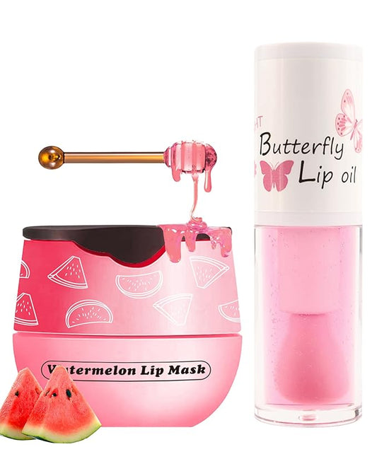 2Pcs Watermelon Lip Balm Honey Pot Lip Mask & Lip Glowy Oil Lip Care Set, Propolis Moisturizing & Nourish Hydrating Lip Gloss Repair, Reduce Lip Line & Plump Dry Cracked Lip Scrub Exfoliator -Set C-Velvo Beauty