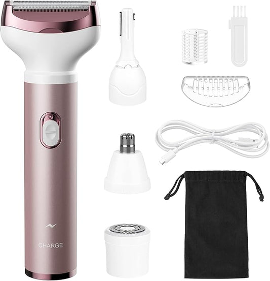 Womens Electric Razor, 4 in 1 Face Shaver for Women, Facial Hair Remover for Women, Electric Women Bikini Trimmers for Legs, Travel Razor for Eyebrow Ear Nose Hair Lip Beard Armpit, Rose Gold-Velvo Beauty
