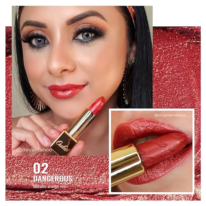 Oulac Orange Red Lipstick for Women with Metallic 3D Shine Lightweight Hydrating Formula, High Impact Lip Color, Vegan Beauty, Full Coverage Lip Makeup, Christmas Gifts for Women, Dangerous(02)-Velvo Beauty