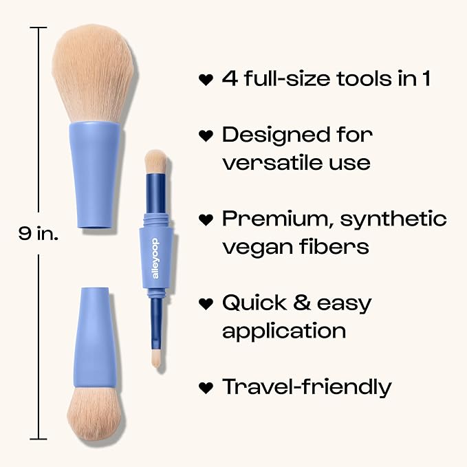 Alleyoop Overachiever 4-in-1 Travel Makeup Brush Set – Powder, Blending, Precision & Complexion Brushes – Mini Makeup Brush for Women, Vegan, Multi-Use & Travel-Friendly Makeup Tool-Velvo Beauty