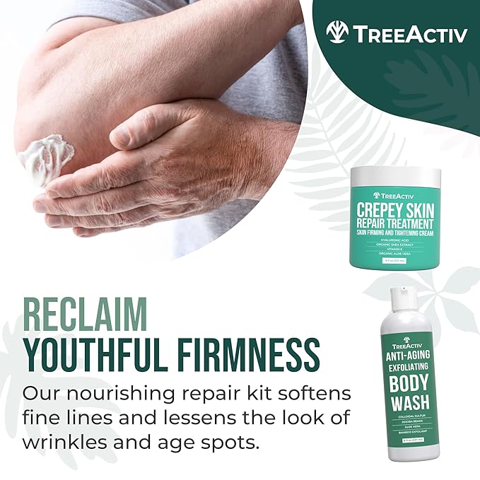 TreeActiv Crepey Skin Repair Kit, Includes Anti-Aging Exfoliating Body Wash, 8oz, Crepe Skin Cream, 8oz, Skin Tightening Cream for Body and Face. Hydrates and Tighten Dry Crepe Skin, Crepe Skin Cream-Velvo Beauty