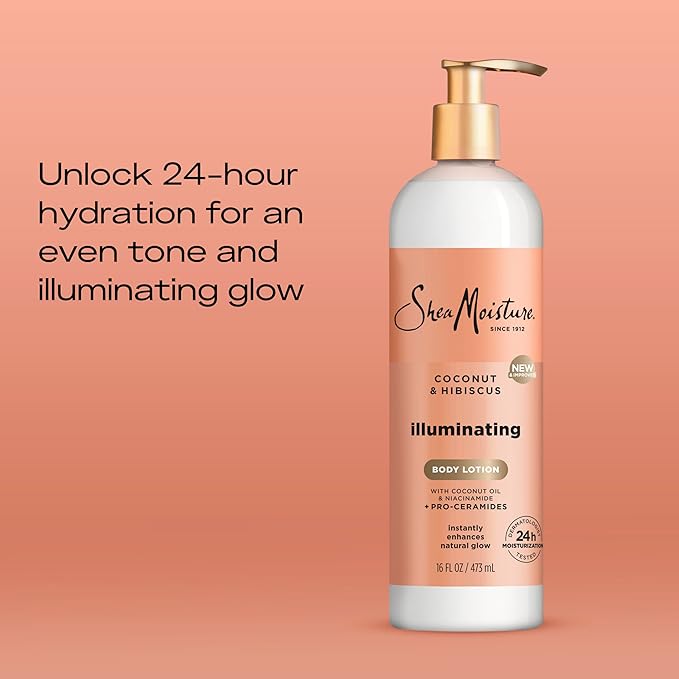 SheaMoisture Illuminating Body Lotion with Coconut Oil, Hibiscus, Niacinamide and Pro-Ceramides, Instantly Enhancing Skin's Natural Glow, 24H Moisturizing 16 oz-Velvo Beauty