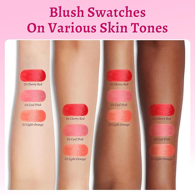 UCANBE 3PCS Liquid Blush Makeup Set – Dewy Cream Cheek Tint for Face – Blendable Long-Lasting Lightweight Natural Flushed Look (Cherry Red, Cool Pink, Light Orange)-Velvo Beauty