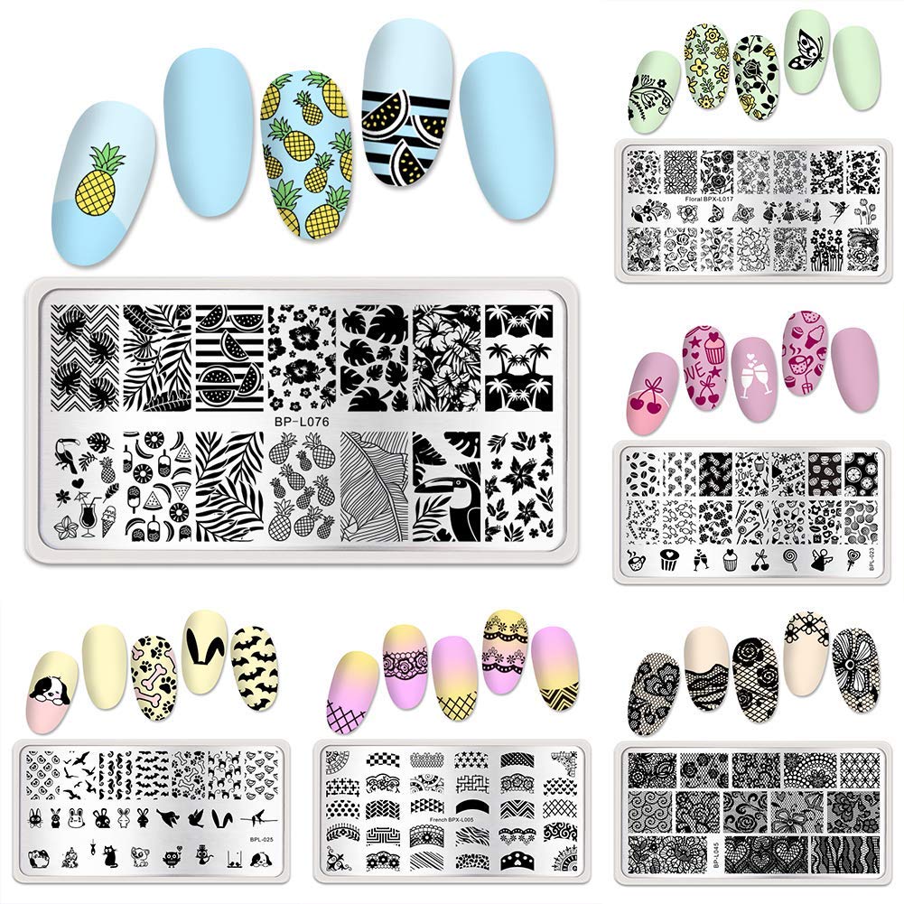 BORN PRETTY Nail Art Stamping Plates Set, Food, Bunnies, Flowers, Lace, Tropical, French Tip Themes Manicuring DIY Nail Templates Plates Print Tool Set-Velvo Beauty