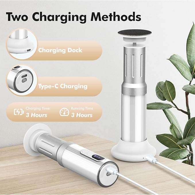 Electric Foot Callus Remover Cordless Electric Foot Filer Kit with 6Speeds Chagring Dock Callus Remover for Women Men Feet and Nail (White)-Velvo Beauty