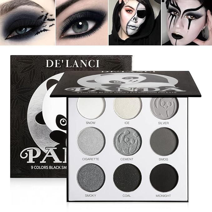 ecofavor Black Smoky Eye shadow Palette, DE’LANCI PANDA 9 Colors True Black Dark Grey Smokey Goth Makeup Pallet, 9 Soft Matte Shimmer High Pigmented Basic Black White Gray Shade for Halloween-Velvo Beauty