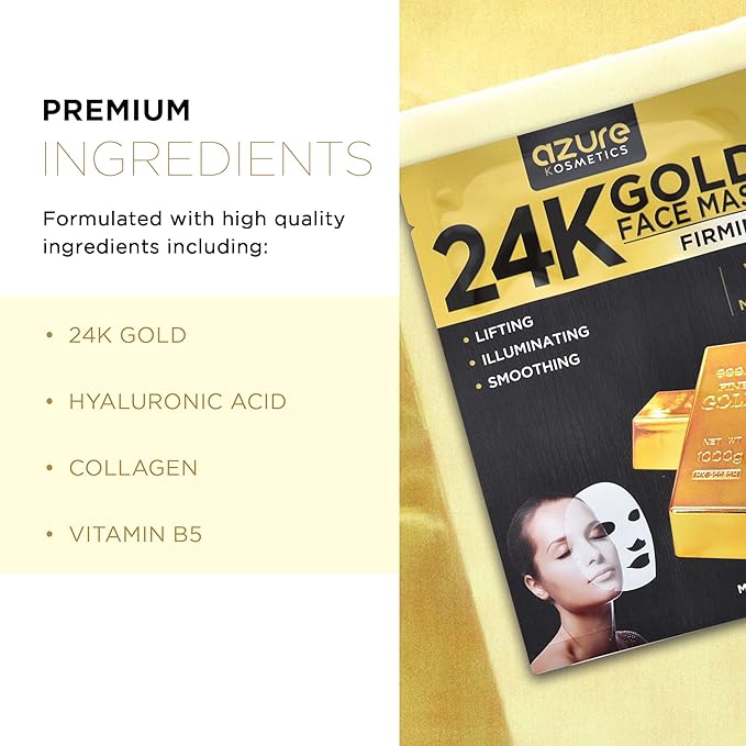 Azure Cosmetics 24K Gold Firming Face Mask- Anti Aging, Hydrating, Toning & Firming Facial Mask - Helps Reduce Wrinkles & Fine Lines with Hyaluronic Acid & Collagen - Made in Korea - Pack of 5-Velvo Beauty