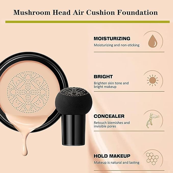 Beauty Glazed Mushroom Head Air Cushion CC Cream Foundation Cover Concealer Makeup Moisturizing Brightening Pigment Liquid Foundation, Even Skin Tone Makeup Base BB # 02 Naturel-Velvo Beauty