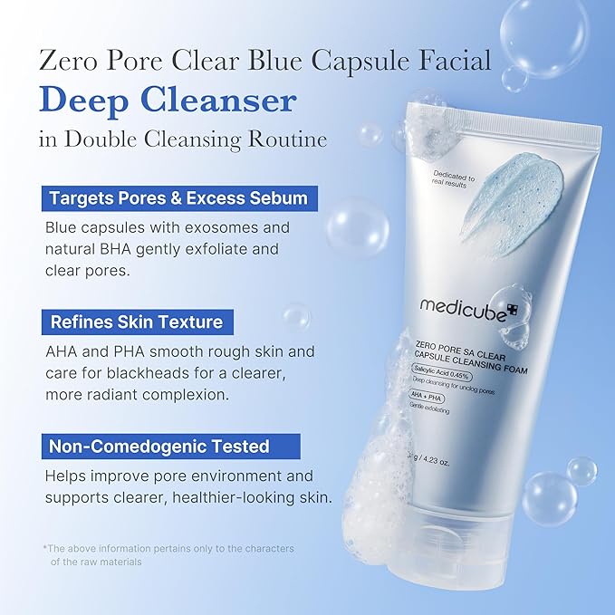 medicube Zero Pore Clear Blue Capsule Facial Deep Cleanser for Skin Texture, Blackhead & Pore Care | AHA, BHA & PHA for Double Cleansing, Daily Gentle Face Wash, Korean Skincare | 120g / 4.23 oz-Velvo Beauty