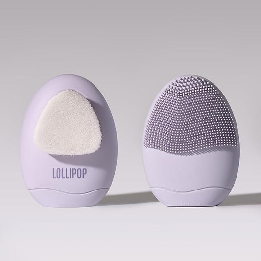 LOLLIPOP Dual-Sided Facial Cleansing Brush | Palm Size Silicone Face Exfoliator and Soft Fiber Cleanser | Manual Face Scrubber for Pores, Makeup Removal, Blackhead and Skincare Routine, Plum-Velvo Beauty