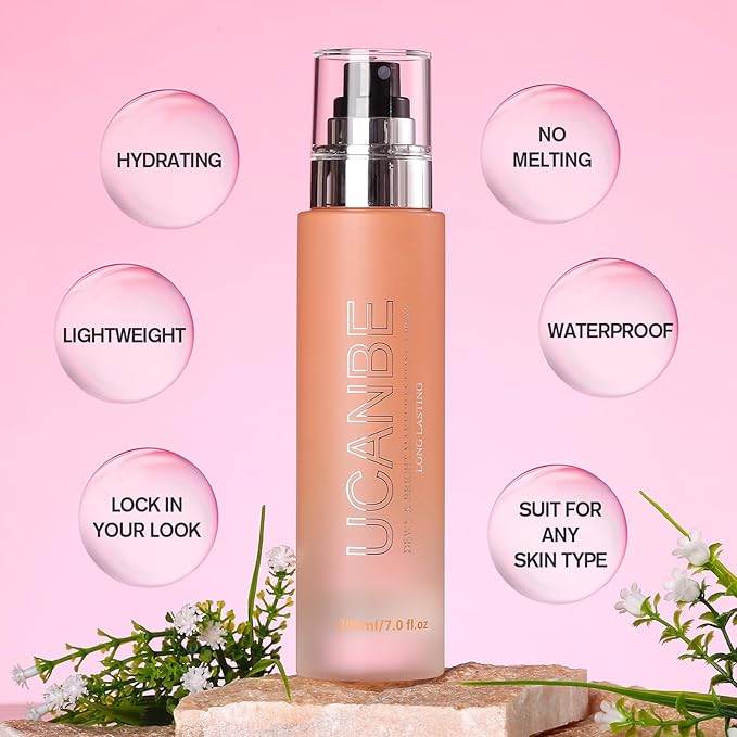 UCANBE Dewy Makeup Setting Spray, Moisturizing Finishing Spray Long Lasting Face Mist, Lightweight Hydrate Make Up Spray for Natural Glow, 7 Fl Oz Large Size-Velvo Beauty