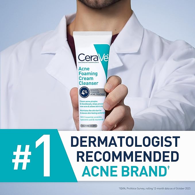 CeraVe Acne Foaming Cream Cleanser, 4% Benzoyl Peroxide Face Wash With Hyaluronic Acid, Niacinamide & Ceramides, Gentle Daily Acne Treatment For Face-Velvo Beauty