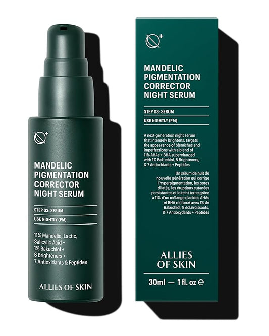 Allies of Skin Mandelic Pigmentation Corrector Night Serum | Gentle Acne Face Serum with Bakuchiol, Niacinamide & Salicylic Acid | Anti-Aging Formula to Reduce Pores and Even Skin Tone (1 oz)-Velvo Beauty