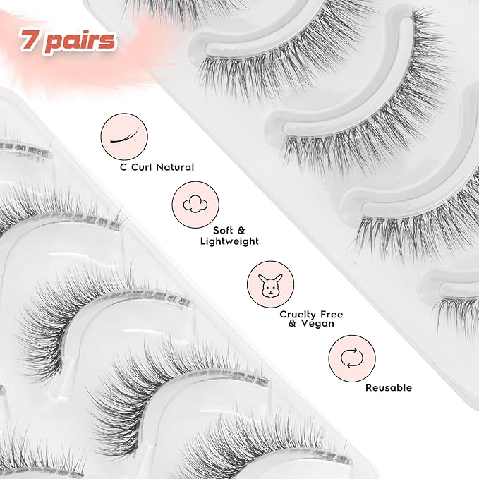 Natural Lashes Wispy Eyelashes 11MM Short Eye Lashes Pack 3D Volume Strip Lash Pack False Eyelashes Natural Look 7 Pair Siligli-Velvo Beauty