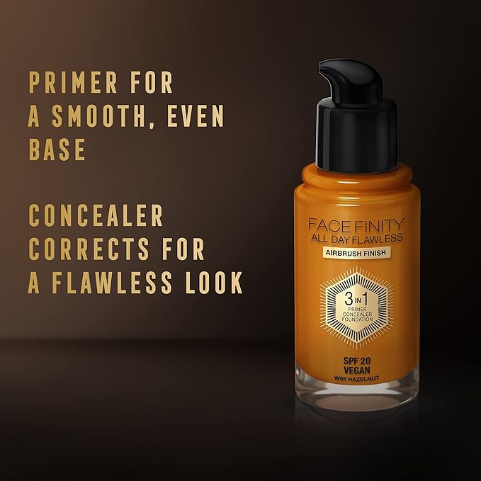 Max Factor Facefinity 3-in-1 All Day Flawless Foundation SPF 20, 95 Hazelnut, 30 ml-Velvo Beauty