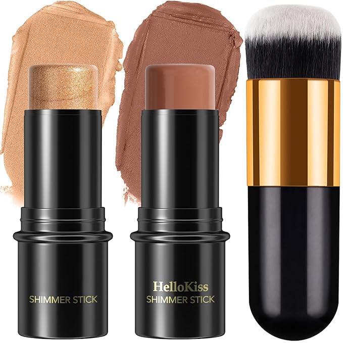 2Pcs Cream Contour Stick Makeup Kit, Cream Highlighter Stick and Bronzer Contour Stick with Longwear Waterproof Formula for Brightening and Trimming the Cheeks, Makeup Brush Include (#05, 06)-Velvo Beauty