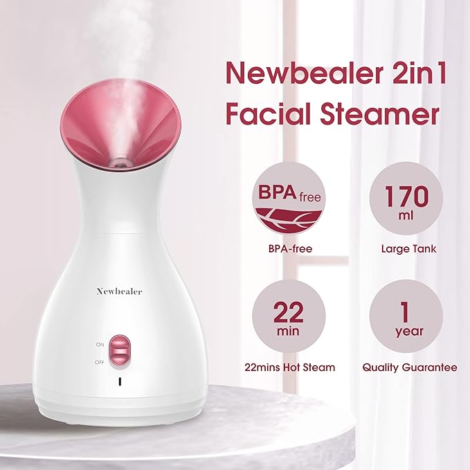 Newbealer 2in1 Facial Steamer, Hot Mist Facial Aromatherapy Humidifier Atomizer, Large Face Steamer Unclogs Pores Sinuses Moisturizing, Home Sauna Spa with Eyebrow Set (Red, 170ml)-Velvo Beauty