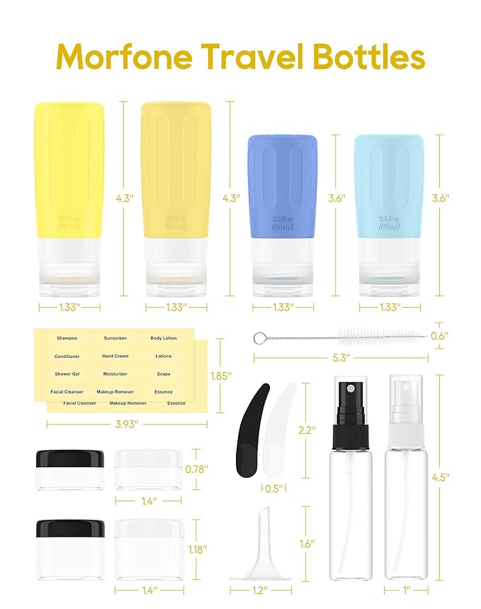 Morfone 16 Pack Silicone Travel Bottles Set for Toiletries TSA Approved Travel Containers Leakproof Squeezable Refillable Accessories 2oz 3oz for Shampoo Conditioner Lotion Liquids (Yellow Blue)-Velvo Beauty