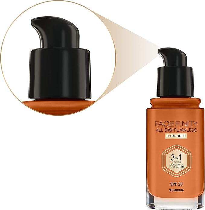 Max Factor Facefinity 3-in-1 All Day Flawless Liquid Foundation, SPF 20-93 Mocha, 30 ml-Velvo Beauty