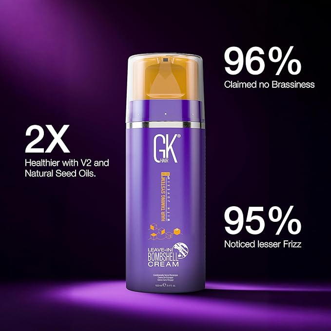 GK HAIR Global Keratin Leave In Bombshell Purple Cream (3.4 Fl Oz/100ml) Conditioning Smoothing Moisturizing Hydrating Frizz Control for Blonde Damaged Hair Removes Yellow Brassy Tones Flyaways-Velvo Beauty