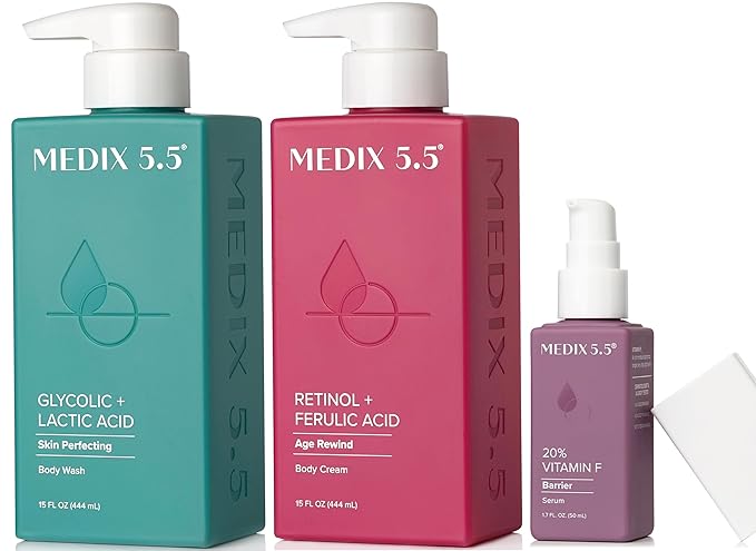 MEDIX Anti Aging Skin Care 3PC Set | Retinol Body Cream + Exfoliating AHA Glycolic Acid Foaming Face & Body Wash + Vitamin F Booster Serum, Wash + Treat + Hydrate Skincare Set-Velvo Beauty