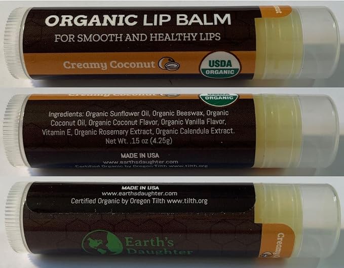 USDA Organic Lip Balm 4-Pack by Earth's Daughter - Creamy Coconut Flavor, Beeswax, Coconut Oil, Vitamin E - Best Lip Repair Chapstick for Dry Cracked Lips-Velvo Beauty