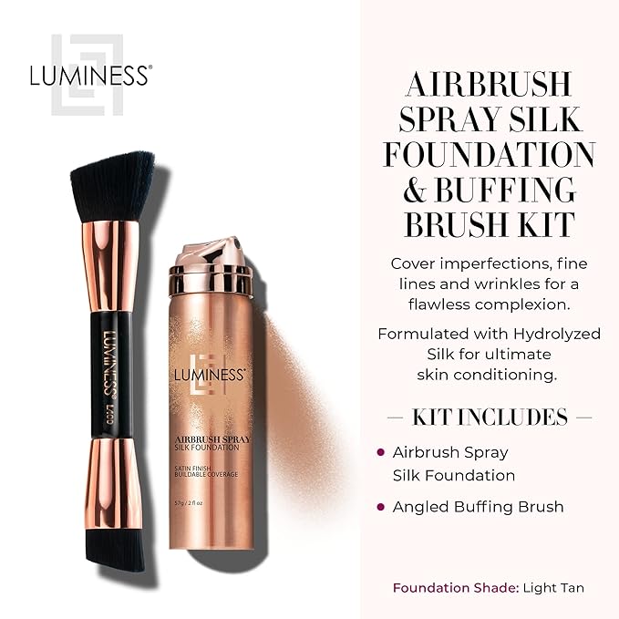LUMINESS Silk Airbrush Spray Foundation & Buffing Brush Kit – Full Coverage Foundation & Dual-Sided Buffing Brush - Buildable Coverage, Anti-Aging Formula Hydrates & Moisturizes (Shade - Light Tan)-Velvo Beauty