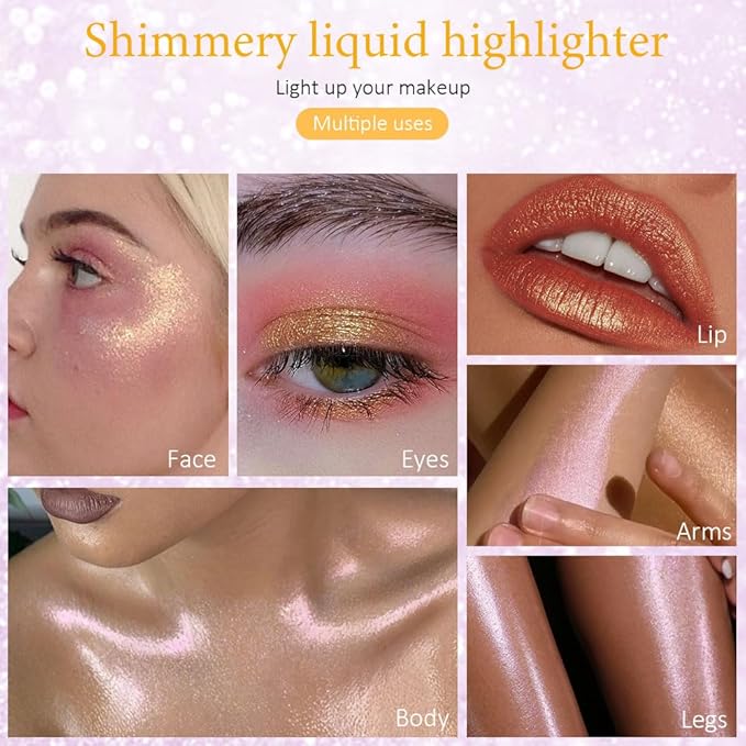evpct Light Liquid Face Highlighter Makeup Waterproof Long Lasting Mermaid Pink Rose Gold Glimmer Glow Sparkly Glitter Body Shimmer Oil Liquid Luminizer Stick Highlight Illuminator for Face Body Cheek-Velvo Beauty