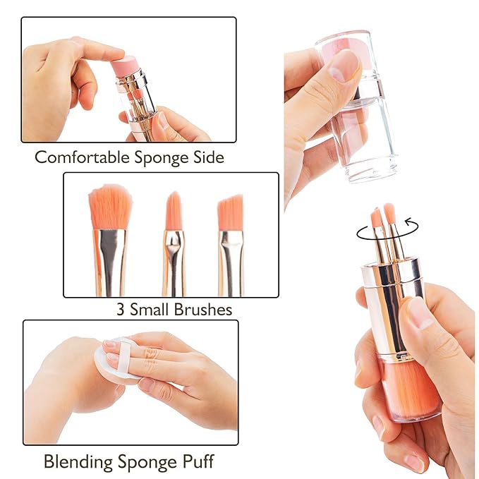 kullder 5-in-1 Makeup Brush Travel Makeup Brush set Dual Ended Mini Makeup Brush Pen Foundation Powder Concealer Shadow Blush Makeup Brushes with 2 Sponge Puff Womens Gift Idea for Beauty Lover-Velvo Beauty