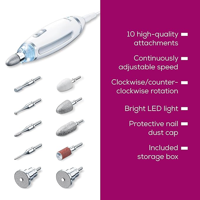 Beurer MP62 Professional Nail Drill Kit, Portable Electric File Machine with 10 Attachments & 10 Sanding Bands, Efile Dremel for Acrylic Gel Manicure and Pedicure, LED Light, with Storage Case-Velvo Beauty