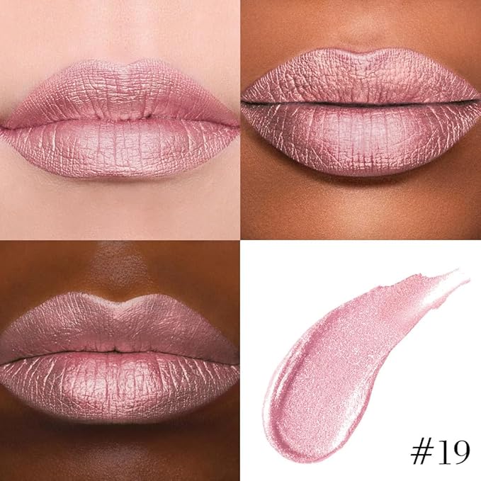 evpct Warm Pink Metallic Glitter Lip Liner and Lipstick Combo Set Long Lasting Waterproof, Metallic Shimmer Lip Gloss Stain Makeup for Women, Warm Pink Frosted Iridescent Glossy Liquid Lipstick 19-Velvo Beauty