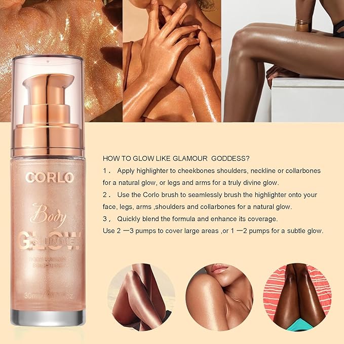 Corlo Body Shimmer Oil Liquid Glitter Face Luminizer Glow Highlighter Waterproof Long Lasting Moisturizing Luminizer FaceProm Party Makeup Brush Include(Rose Gold, Body Oil)-Velvo Beauty