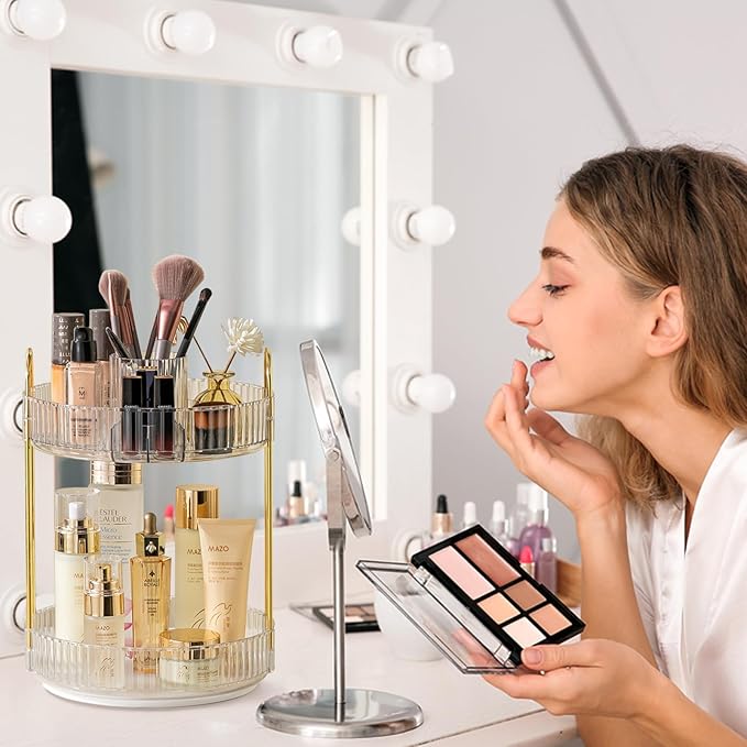 Rotating Makeup Organizer for Vanity, High-Capacity Skincare Clear Make Up Storage Perfume Organizers Cosmetic Dresser Organizer Countertop 360 Spinning (Clear, New-2 Tier)-Velvo Beauty