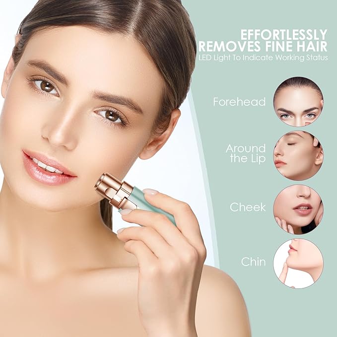 Eyebrow Facial Trimmer: 2 in1 Rechargeable Facial Hair Removal and Eyebrow Shaver - Face Lips Body Painless Facial Razor with Built-in LED Light (Pastel Green)-Velvo Beauty